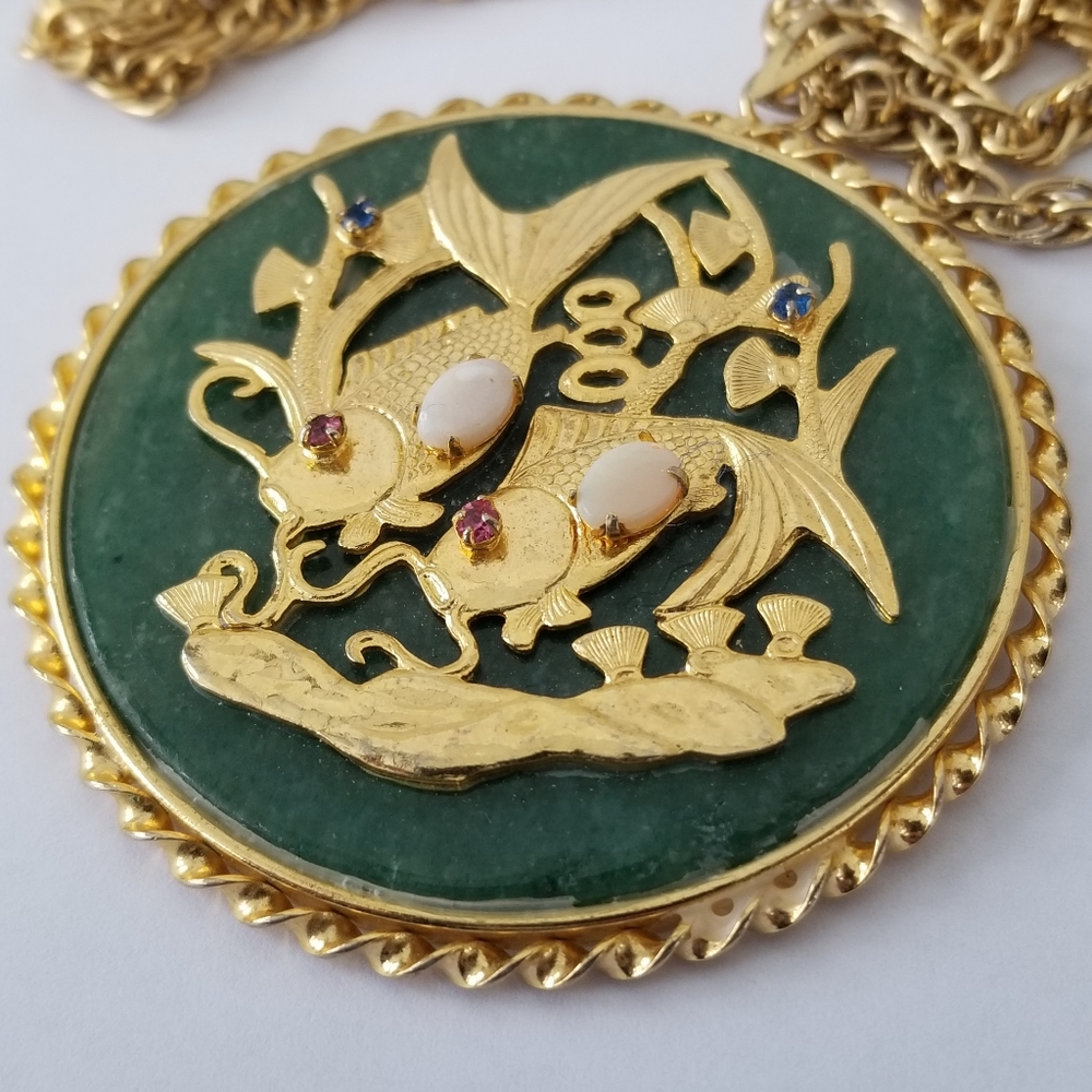 Relisted -vintage Chinese Jade blessing koi fish necklace gold tone goldfish - Picture 16 of 17